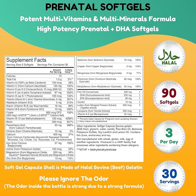 Halal Prenatal Vitamins with DHA and Folic Acid | High Potency 90 Softgels, Keto-Friendly | Vitamin C 120mg, DHA 250mg, Folic Acid 800mg, EPA 90mg, Biotin & Iodine