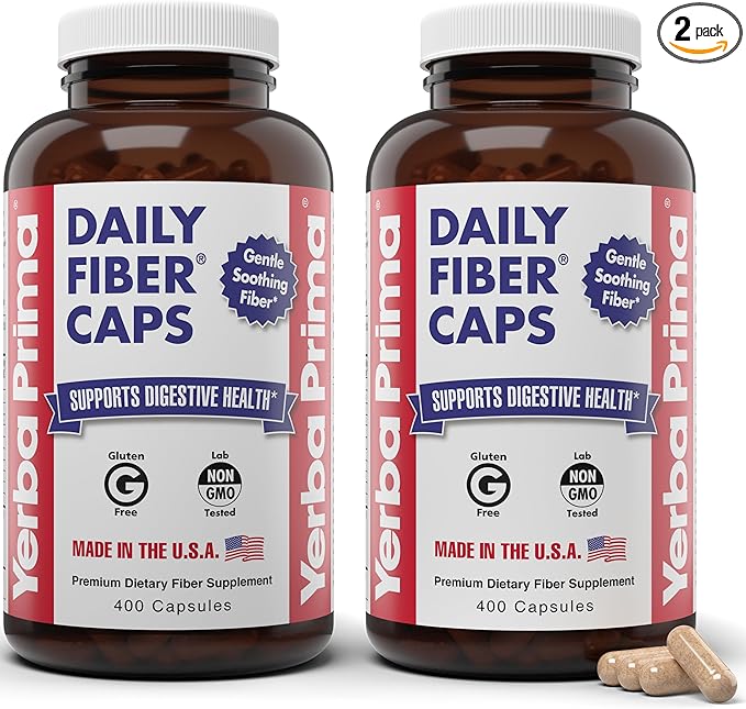 Yerba Prima Daily Fiber Caps Formula 400 Capsules (Pack of 2) - Both Soluble/Insoluble Fiber with Psyllium Seed Husks, Acacia Gum, Apple Fiber Supplement