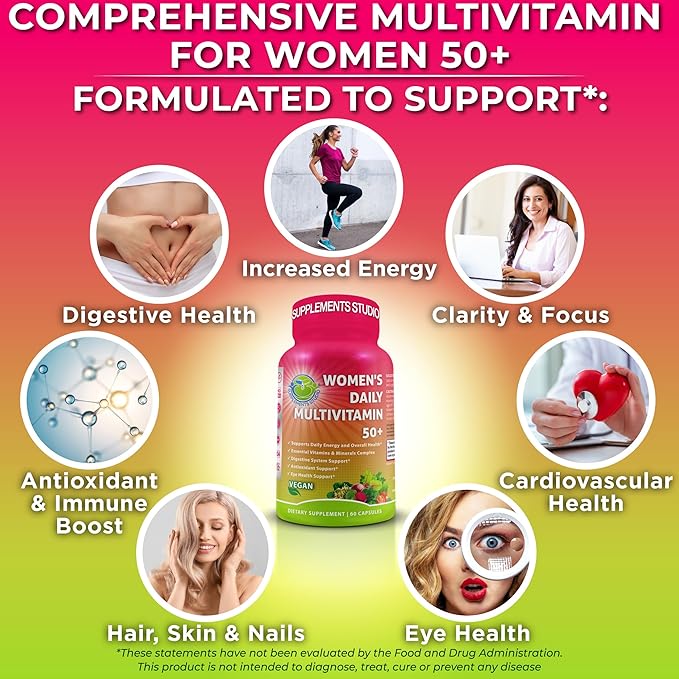 Women's Daily Multivitamin 50 plus - Vegan Multivitamin for Women 50 and over with Biotin, Organic Superfoods, B-Complex, Lutein for Optimal Health, Energy, Gut & Eye Support, Easy to Swallow Capsules