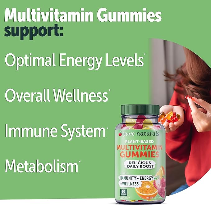 Yuve Vegan Multivitamin Gummies for Men and Women - Daily Energy, Strength, Immunity - Vitamin A, C, B3, B6, B12, Biotin & Zinc - Delicious Chewable Supplement - Non-GMO, Gluten & Gelatin-Free - 60ct