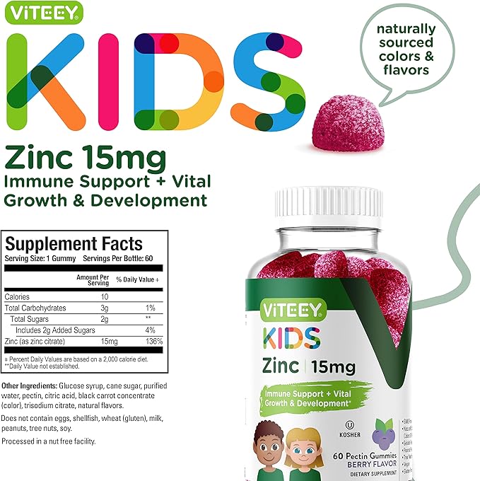 Zinc for Kids Gummies, 15mg - Immune Support for Kids & Teens - Powerful Natural Antioxidant, Kids Zinc Vitamin Supplement - Vegan, Gelatin Free, Gluten Free - Tasty Chewable Berry Flavor Gummy
