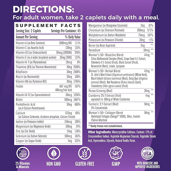 Vitamin World Ultra 360 Multivitamin for Women 50 Plus, Women's 50+ Multivitamin with Minerals & Herbs for Menopause Support, Supplement with Vitamin B, D, E & Zinc for Healthy Aging, 90 Caplets