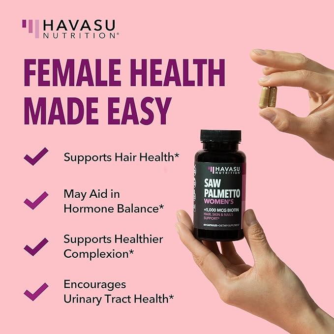 Saw Palmetto for Women + 5000 mcg Biotin Supplement - DHT Blocker Hair Health Vitamins - Supports Stronger Appearance of Hair for Women Post-Partum - Month Supply Vegan Women's Saw Palmetto