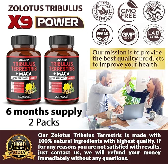 Zolotus 2 Packs Premium Tribulus Terrestris + Maca, 6 Months Supply with Ashwagndha, Ginseng, Boost Energy, Mood, Stamina & Performance, for Men & Women