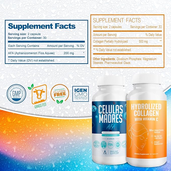 Aura Vitamin Mega Antioxidant Bundle | Hydrolyzed Collagen & AFA Stem Cell | Hydrolyzed Collagen with Vitamin C, Aphanizomenon Flos-Aquae | Celula Madre Skin, Hair and Nail Support – 60 Each Caps (3)