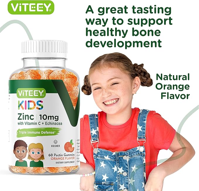 Zinc for Kids Gummies 10mg, with Vitamin C & Echinacea for Kids - Immune Support, Powerful Natural Antioxidant, Kids Zinc Vitamin Supplement - Vegan, Gelatin Free - Tasty Chewable Orange Flavor Gummy