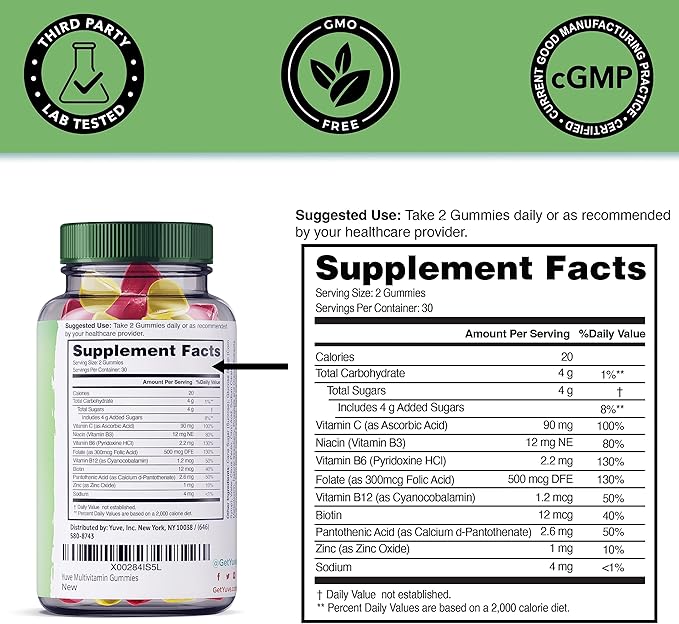 Yuve Vegan Multivitamin Gummies for Men and Women - Daily Energy, Strength, Immunity - Vitamin A, C, B3, B6, B12, Biotin & Zinc - Delicious Chewable Supplement - Non-GMO, Gluten & Gelatin-Free - 60ct