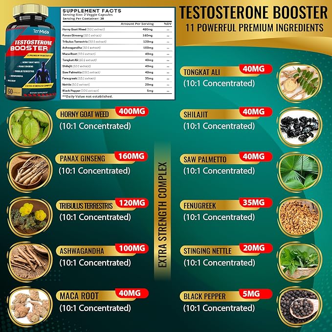 Testosterone Booster for Men- Natural Stamina, Endurance & Strength Supplement - Muscle Building Growth, Increasing Performance, Boosts Energy