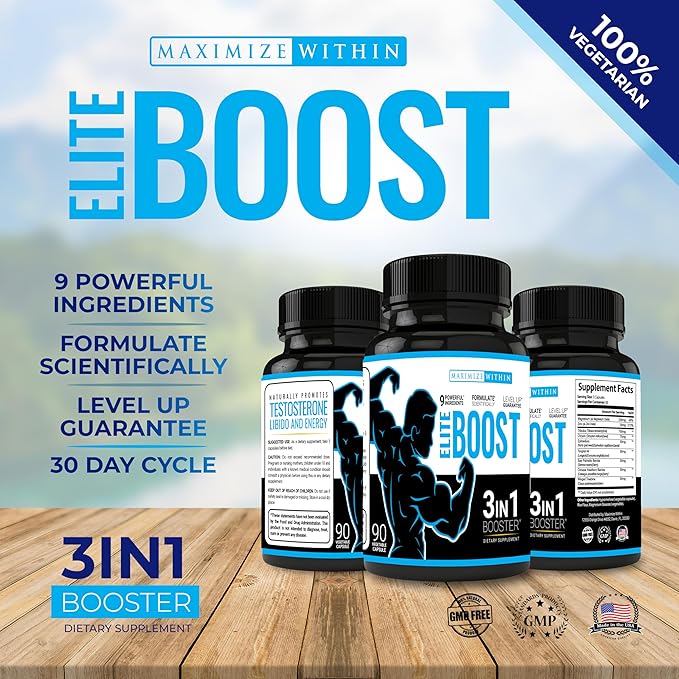 Maximum Slim Elite Boost 3 in 1 Formula Naturally Promotes Testosterone Libido, Energy,Muscle Mass & Stamina, Powerful Ingredients Veggie Capsules