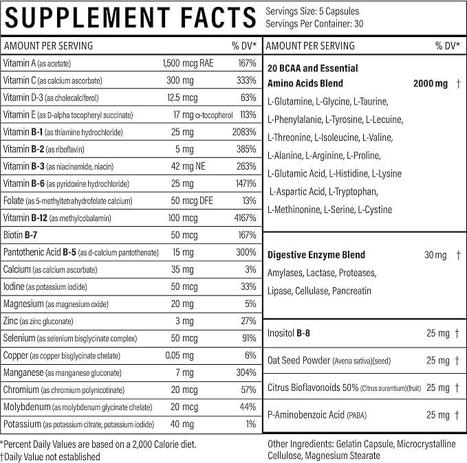 Sport Formula Daily Keto Superfood Multivitamin BCAA Amino Acid Powder Capsules for Men and Women. Won't Upset Your Stomach: Natural Vitamin B Energy Complex: Anti Aging Immune System Support