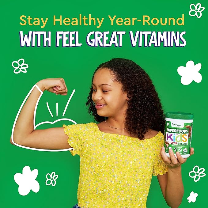 Feel Great USDA Organic Super Greens for Kids | Vegan Chocolate Greens Powder with Veggie Powder for Kids | Superfood Powder with Probiotics & Digestive Enzymes for Digestive Health | 2 Month Supply
