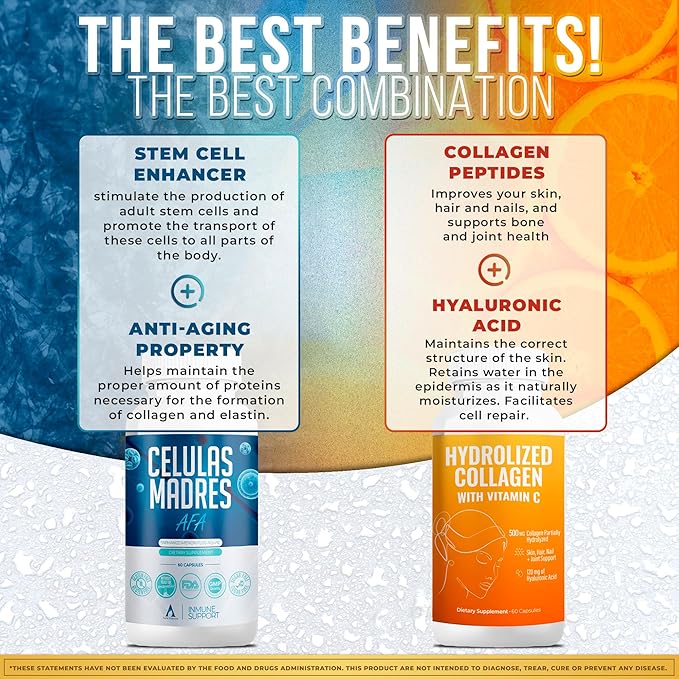 Aura Vitamin Mega Antioxidant Bundle | Hydrolyzed Collagen & AFA Stem Cell | Hydrolyzed Collagen with Vitamin C, Aphanizomenon Flos-Aquae | Celula Madre Skin, Hair and Nail Support – 60 Each Caps (3)