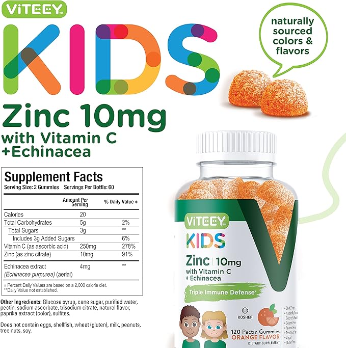 Zinc for Kids Gummies 10mg, with Vitamin C & Echinacea for Kids - Immune Support, Powerful Natural Antioxidant, Kids Zinc Vitamin Supplement - Vegan, Gelatin Free - Tasty Chewable Orange Flavor Gummy