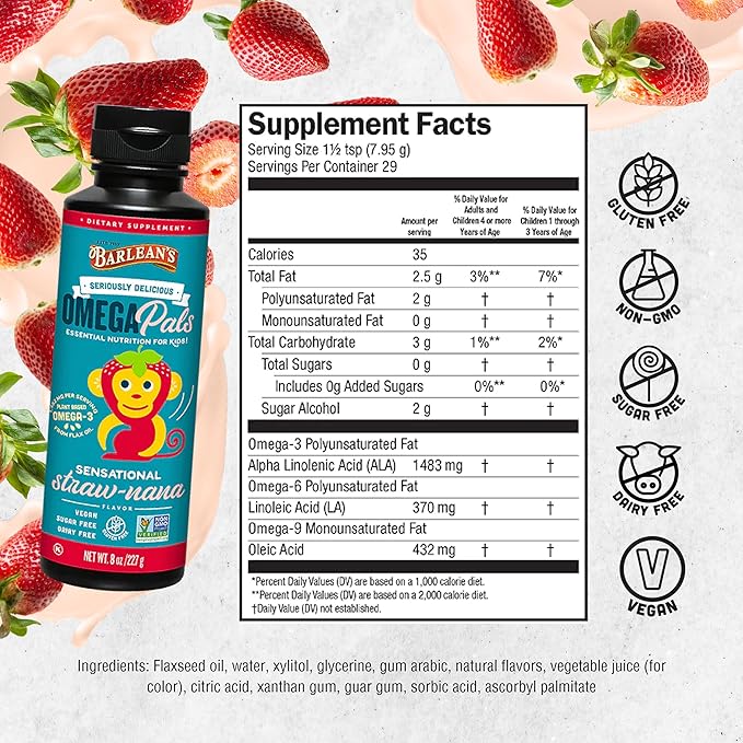 Barlean's Omega Pals Omega 3 for Kids, Yummy Straw-Nana Flavored Children's Liquid Flax Seed Oil Supplement with 1,483 mg ALA, Non-GMO, Vegan Brain & Eye Health, 8 oz