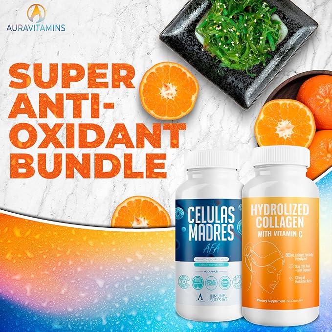 Aura Vitamin Mega Antioxidant Bundle | Hydrolyzed Collagen & AFA Stem Cell | Hydrolyzed Collagen with Vitamin C, Aphanizomenon Flos-Aquae | Celula Madre Skin, Hair and Nail Support – 60 Each Caps (3)