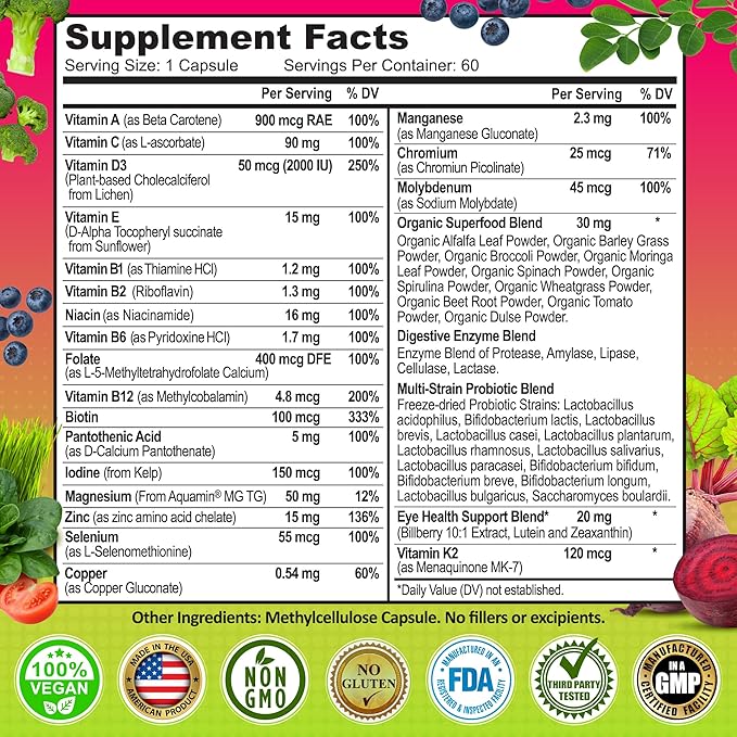 Women's Daily Multivitamin 50 plus - Vegan Multivitamin for Women 50 and over with Biotin, Organic Superfoods, B-Complex, Lutein for Optimal Health, Energy, Gut & Eye Support, Easy to Swallow Capsules