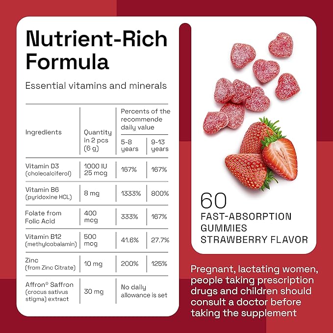 NAVEH PHARMA® OptiMind - Focus Supplement | Natural Supplements for Kids | 30 MG Saffron Supplements: Kids Vitamins and Memory Supplement for Brains | Mood Support | 60 Calm Gummies (Strawberry)