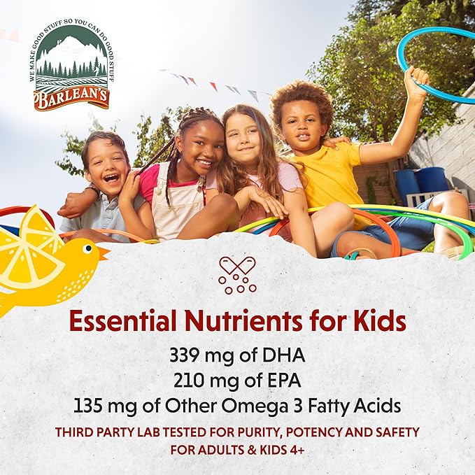 Barlean's Omega Pals Chirpin' Slurpin' Omega 3 for Kids, Yummy Lemonade Flavored Children's Liquid Fish Oil Supplement with 540 mg of EPA & DHA for Brain & Eye Health, 8 oz