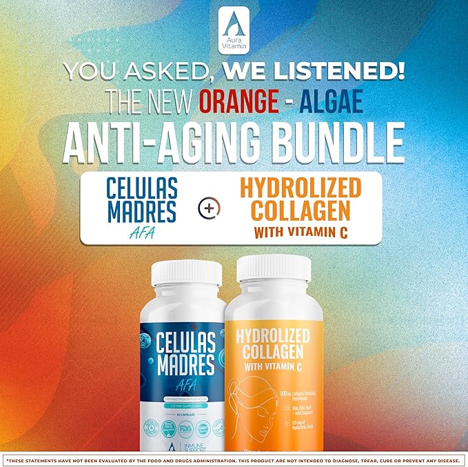 Aura Vitamin Mega Antioxidant Bundle | Hydrolyzed Collagen & AFA Stem Cell | Hydrolyzed Collagen with Vitamin C, Aphanizomenon Flos-Aquae | Celula Madre Skin, Hair and Nail Support – 60 Each Caps (3)