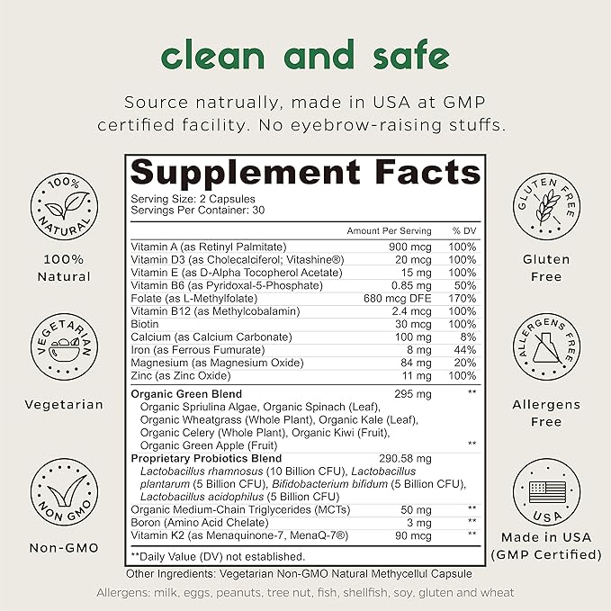 Zenkgo Women's Vitamins + Probiotics 25B CFU + Organic Whole Foods, Supports Immunity, Digestion, Energy, Daily Vitamins A, E, B6, B12, Vegan D3, K2 (MK-7), Folate, Minerals, Superfoods(60Ct/30Day)