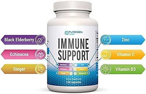 6 in 1 Immune Support 120 Capsules with Powerful Blend of Elderberry, Echinacea, Ginger, Vitamin C 650mg, Vitamin D3 5000 IU & Zinc Picolinate 30mg- Immune Booster Supplement for Adults and Kids
