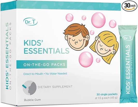 Dr. T On-The-Go Kids Essentials Packs – Direct-to-Mouth Powder – Essential Vitamins & Minerals, Smooth & Tasty, Supports Growth & Development – 30 Convenient Single-Serve Packs