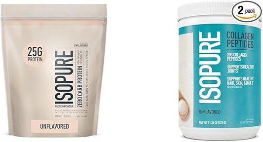 Bundle of Isopure Unflavored Whey Protein Isolate, 25g Protein, Zero Carb, 16 Servings, 1 Pound (Packaging May Vary) + Collagen Peptides Powder, 14 Servings, Unflavored, with Vitamin C, with Biotin