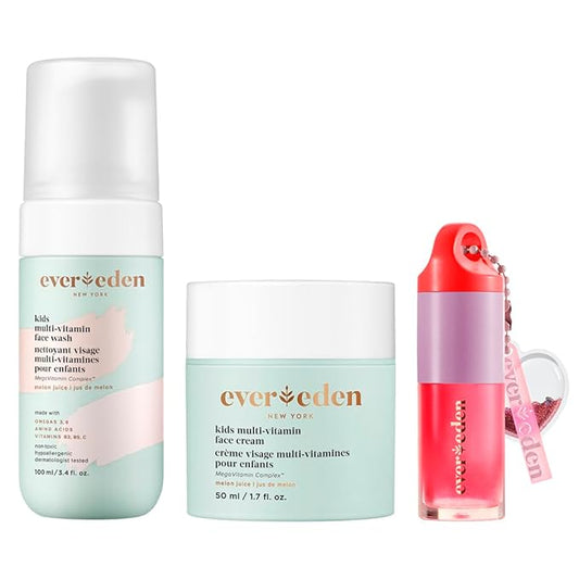 Evereden Happy Kids Skin & Lips Routine - Multi-Vitamin Kids Face Wash & Kids Face Cream & Tinted Lip Oil Set - Clean & Vegan Skin Care for Kids 3+ - Moisturizing, Nourishing, & Protective Kids Skin
