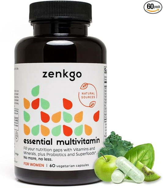Zenkgo Multivitamins + Organic Whole Foods+Probiotics for Women, Supports Immunity, Digestion, Energy, Gut Health, Vitamins A, E, B6, B12, Vegan D3, K2 (MK-7), Folate, Minerals, Superfoods(60Ct/30Day)