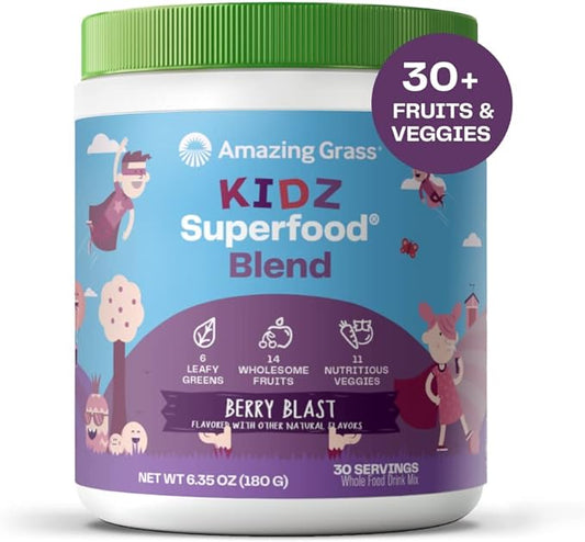 Amazing Grass Kidz Superfood: Organic Greens, Fruits, Veggies, Beet Root Powder & Probiotics for Healthy Kids, Berry Blast, 30 Servings
