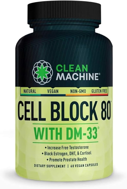 CLEAN MACHINE Cell Block 80 - Natural Vegan Testosterone Support Supplement, Estrogen, DHT & Cortisol Blocker - Prostate Health Supplement with KSM66 Ashwagandha - 60 Veggie caps