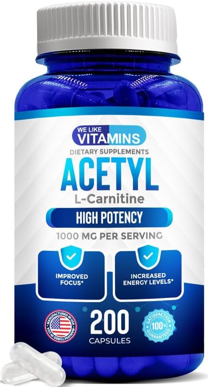 We Like Vitamins Acetyl L-Carnitine 1000mg Capsules - 200 Easy to Swallow Veggie Capsules - Acetyl l Carnitine Supplement Helps Support Focus, Brain Function, and Energy