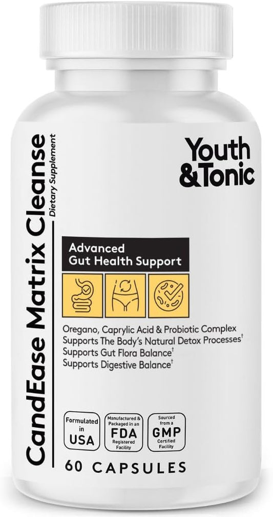 Youth & Tonic CandEase Cleanse Matrix – Overgrowth Support & Gut Health, Intestinal Flora Balance & Body Detox Complex with Oregano, Caprylic Acid, Digestive Enzymes, Probiotics, 60 Pills, Women & Men