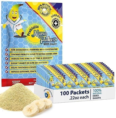 NuNutritional Designs, Prebiotic Nana Flakes with Inulin, 100% Pure Banana Flakes, Gut Health, High Protein & Fiber, Natural Diarrhea Remedy, IBS Relief, for Adults & Kids 4+ (100 Single-Serve Packs)
