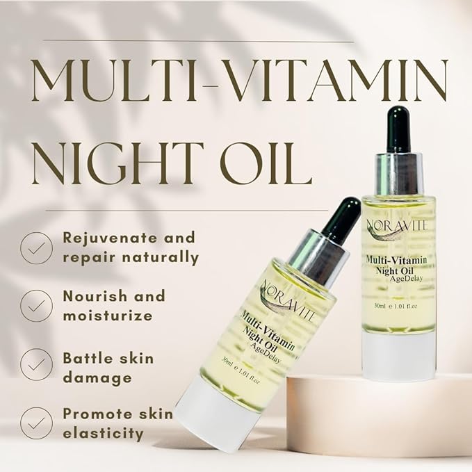 AgeDelay Multi-Vitamin Night Facial Oil - Intensive Skin Tightening Oil & Moisturizer - Nourishes Protects & Rejuvenates - Antioxidant Serum w/Vitamin E, Omega 3,6,9 & Seaweed - 30ml