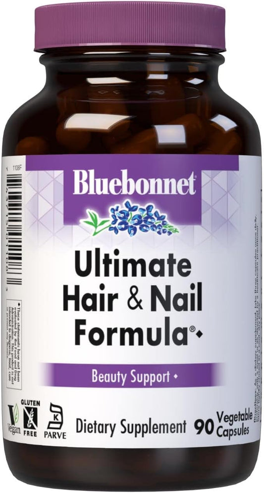 BlueBonnet Nutrition Ultimate Hair and Nail Formula, Vitamins, Minerals, Specialty Nutrients for Beauty Within, Gluten-Free, Kosher-Certified, Dairy-Free, Vegan, 90 Vegetable Capsules, 30 Servings, White