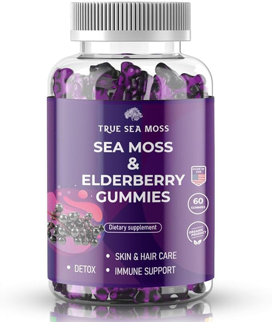 Sea Moss Elderberry Gummies with Magnesium, Burdock Root and Bladderwrack - Immune Support for Kids and Adults 60pcs - Bag Pack of 1