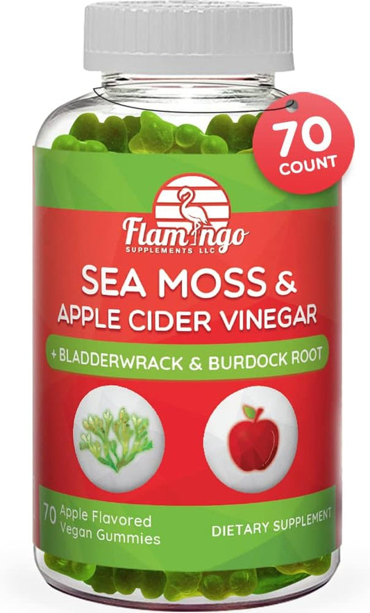 Sea Moss Gummies with Apple Cider Vinegar, Bladderwrack, and Burdock Root Organic- Sea Moss Gummies for Adults and Kids- Vegan, Organic, Irish Seamoss and ACV – 70 Ct