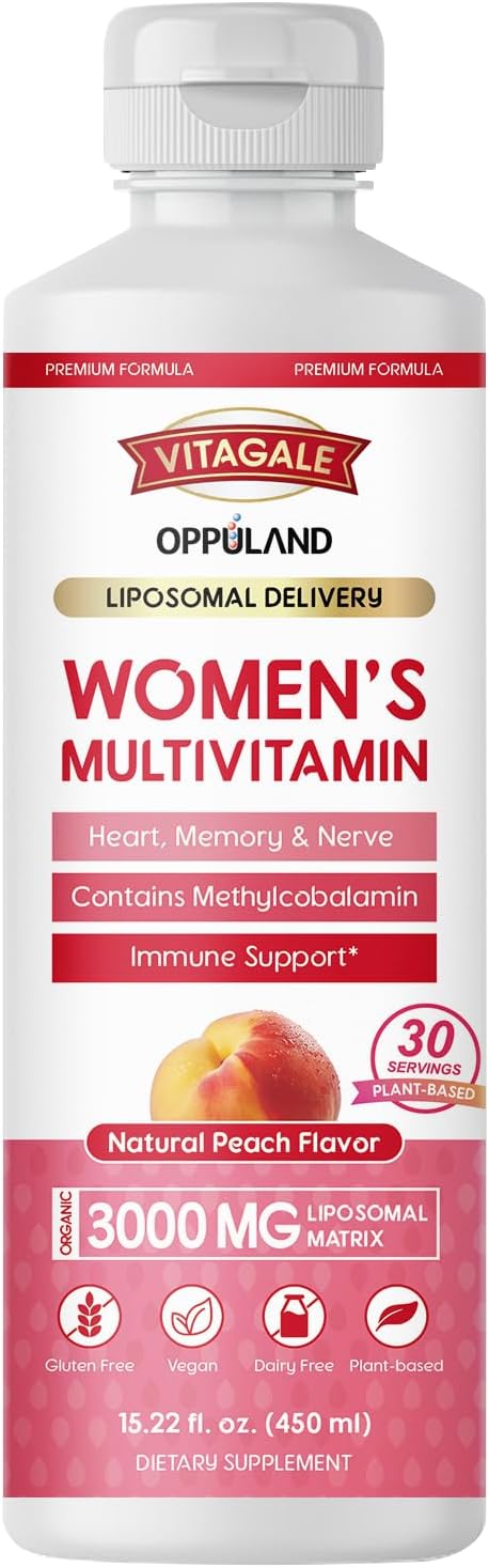 Women’s Multivitamin 450ML of Natural Peach Flavored Supplement Increasing Heart, Memory, and Nervous System, with Omega 3, Liposomal, and 5000MCG of Biotin for Healthy Hair