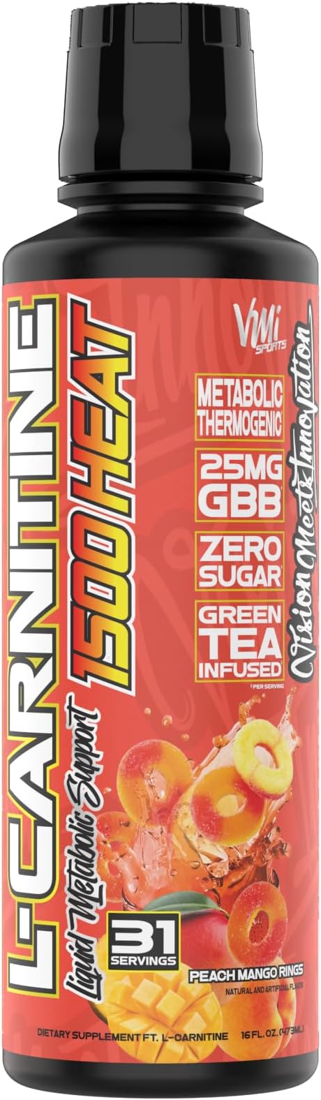VMI Sports L-Carnitine 1500 Heat Stimulant Free Thermogenic Metabolic Support & Fat Loss for Men & Women | 1500mg L-Carnitine | Convenient Liquid (Peach Mango)