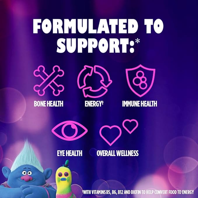One A Day Kids Trolls Multivitamin Gummy, Kids Vitamins with Vitamins A, B6, B12, C, D, E, Zinc, Folic Acid and Biotin (Packaging May Vary), Trolls, 180 Count