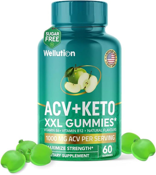 WELLUTION XXL Keto ACV Gummies: 1,000 mg, Sugar-Free, 60 Count, Aiding Digestion & Detox, Boosting Metabolism, Weight Loss Support, Apple-Flavored for Men & Women