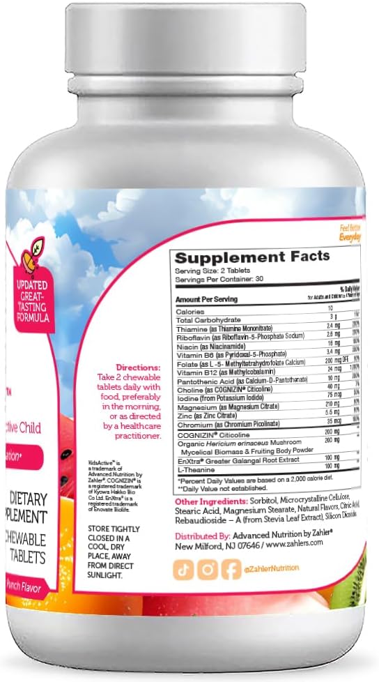 Zahler KidsActive, Kids Chewable Concentration Formula, All Natural Children’s Supplement Supporting Focus, Certified Kosher, 180 Fruit Punch Flavored Tablets