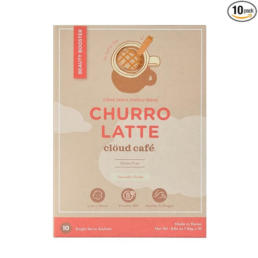 Collagen Infused Churro Latte Instant Coffee Packets - Vitamin B12, Marine Collagen, & Lions Mane Single Serve Instant Coffee (10 Sachets)