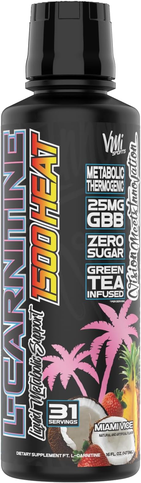 VMI Sports L-Carnitine 1500 Heat Stimulant Free Thermogenic Metabolic Support & Fat Loss for Men & Women | 1500mg L-Carnitine | Convenient Liquid (Miami Vice)