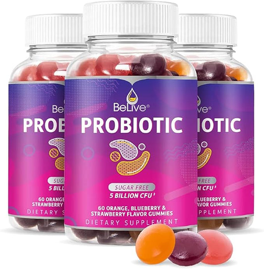 BeLive Probiotic Gummies - Probiotics with 5 Billion CFUs for Digestive Health, Men, Women & Kids Probiotic Supplements for Immune Support, Sugar Free & Vegan – Blueberry, Strawberry & Orange | 3-Pack