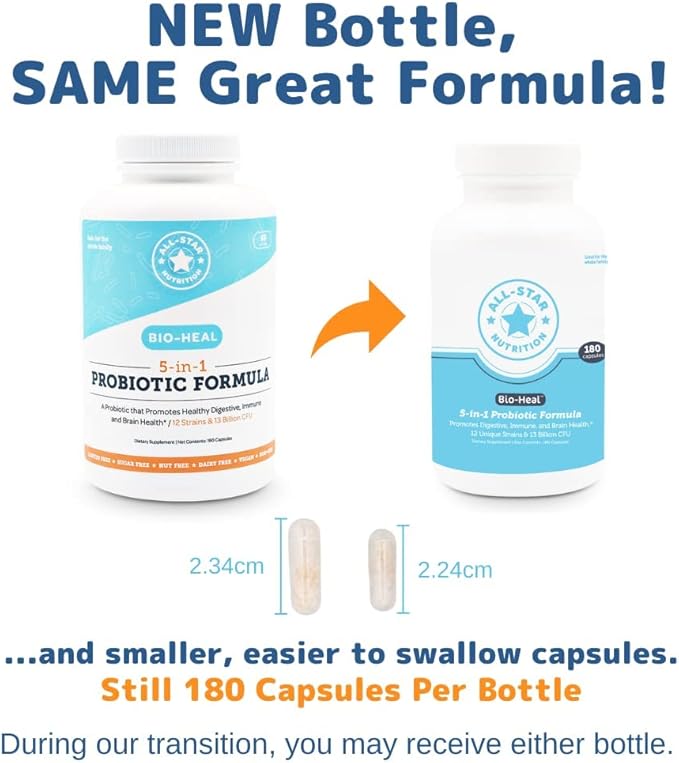 5-in-1 Bio-Heal® Probiotic Capsules for Kids, Men & Women - Best Supplement for Brain Function, Gut Health & Constipation - Shelf Stable & Fortified with Vitamins, Minerals & Prebiotics
