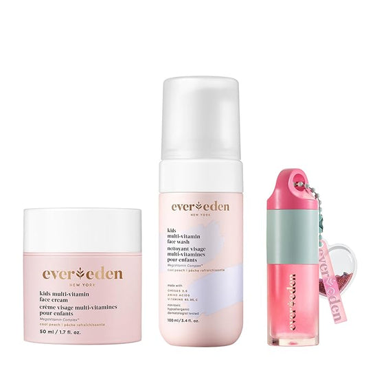 Evereden Happy Kids Skin & Lips Routine - Multi-Vitamin Kids Face Wash & Kids Face Cream & Tinted Lip Oil Set - Clean & Vegan Skin Care for Kids 3+ - Moisturizing, Nourishing, & Protective Kids Skin