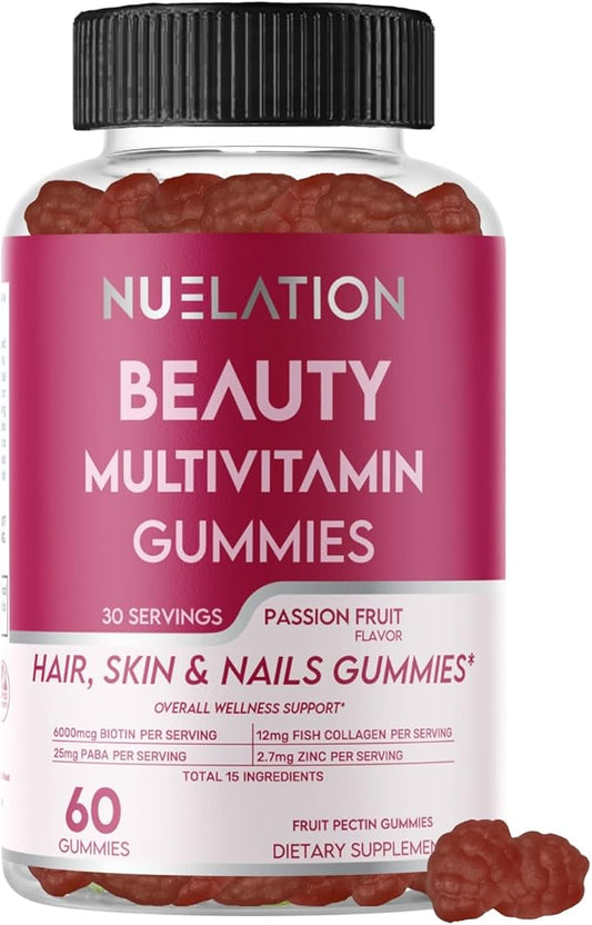 Beauty Multivitamins - Hair Skin and Nails Gummies with 6000mcg Biotin & PABA. Biotin Collagen Gummies w/ Daily Multivitamin for Women & Men. Hair Skin and Nails Vitamins, 30 Servings - Halal Vitamins
