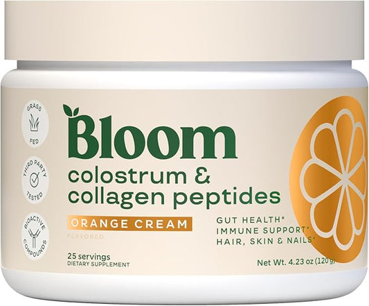 Bloom Nutrition Bovine Colostrum Powder for Gut Health, Immune Support, Hair Growth & Beauty Supplement, Gluten Free, Sugar Free | Pure 40% IgG Premium Colostrum Superfood, Orange Cream, 25 Servings